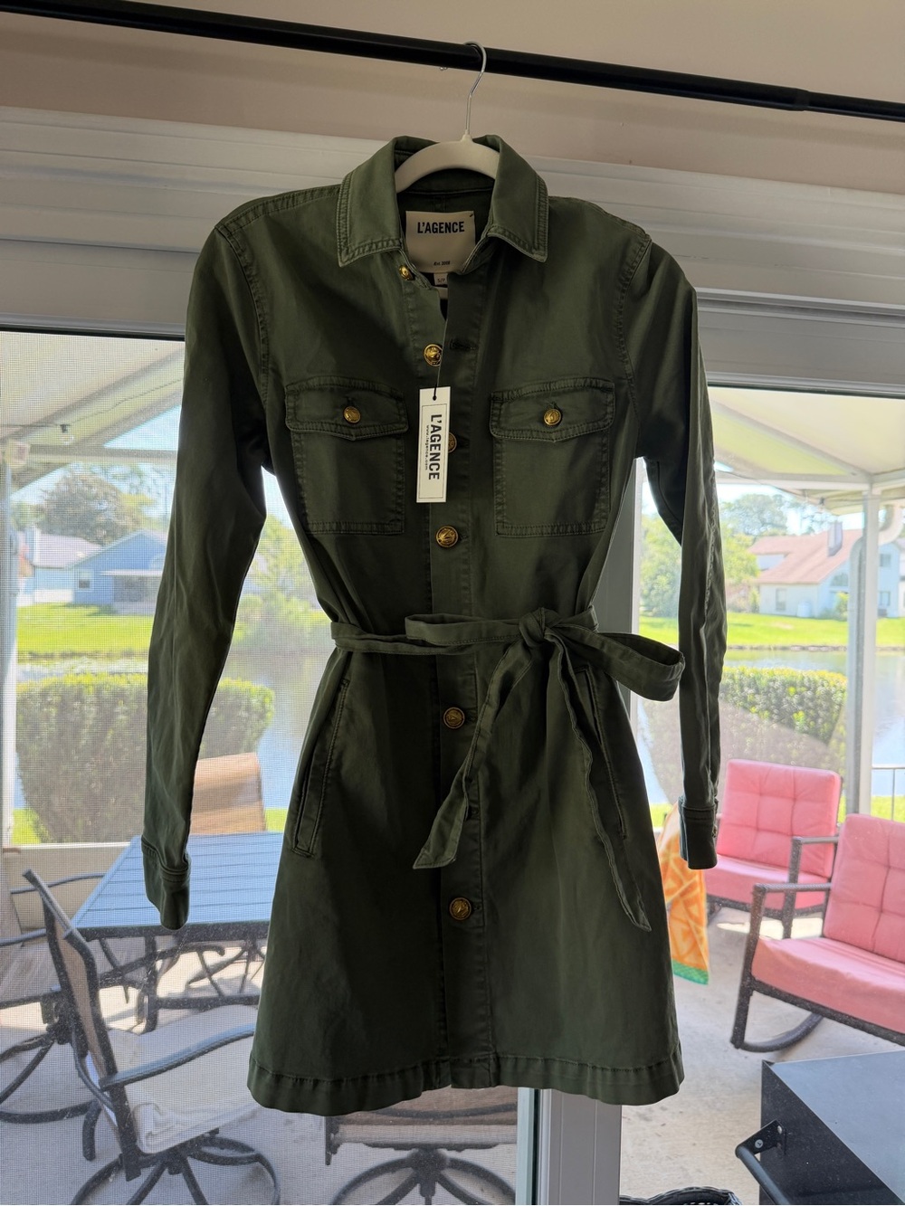 L'AGENCE Olive Green Utility Shirt Dress / Jacket with Belt and Gold Buttons - Picture 9 of 11